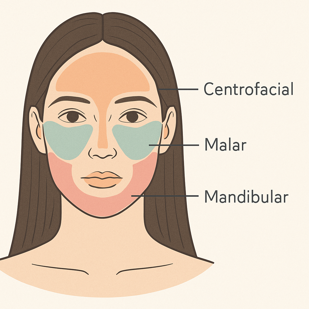 Localizações comuns do melasma facial.