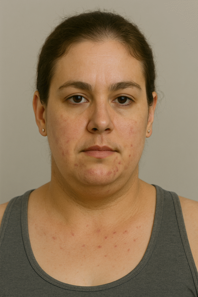 Mulher com acne, acantose nigricans e alopecia androgenética.