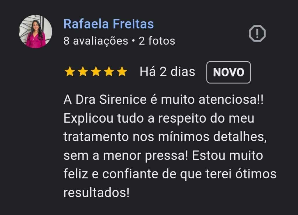 Depoimentos que pacientes da Dra Sirenice, dermatologista, fizeram no Google