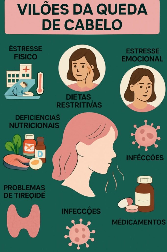 : Estresse físico
Estresse emocional
Dietas restritivas
Deficiências nutricionais
Problemas de tireoide
Medicamentos
Infecções
Doenças autoimunes