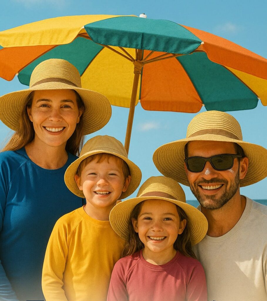 Roupas com fator de proteção, óculos, chapéus de abas largas, guarda-sol são algumas formas de proteger-se do sol.