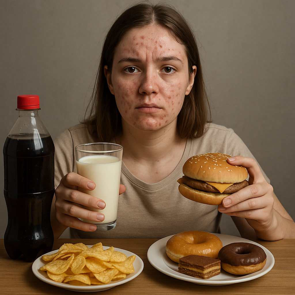 Reduzir o consumo de leite, bebidas açucaradas e alimentos processados ricos em gordura e açúcar pode ser uma boa estratégia para reduzir ou controlar a acne.