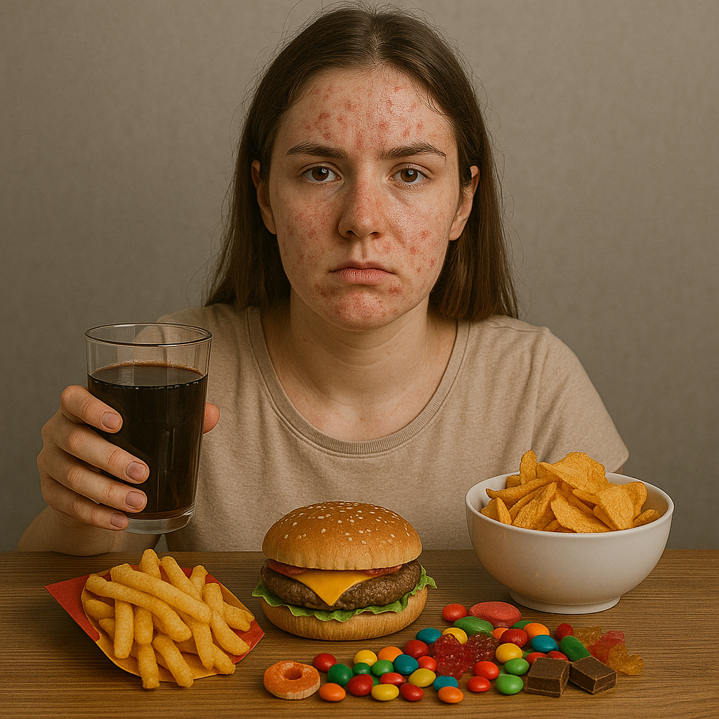 Alimentos ricos em gordura e açúcar, como doces, salgadinhos e fast food, mostraram uma associação ainda mais forte com a acne.