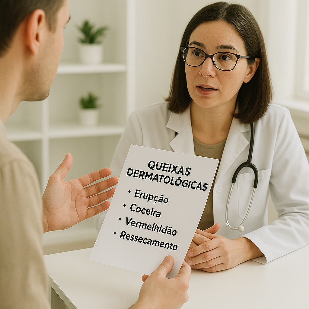 Uma médica com paciente à sua frente portando uma lista de queixas dermatológicas, simulando ser Dra. Sirenice e um paciente em consulta.