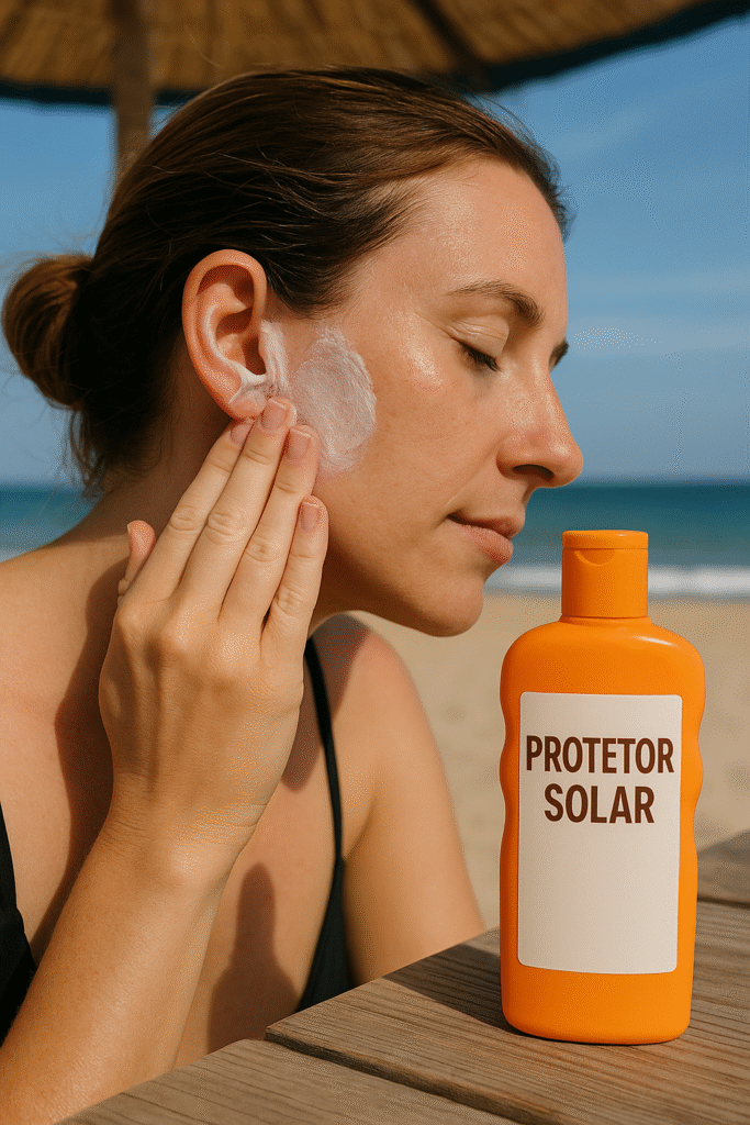 O protetor solar também deve ser aplicado nas orelhas.- mulher aplicando protetor solar na orelha