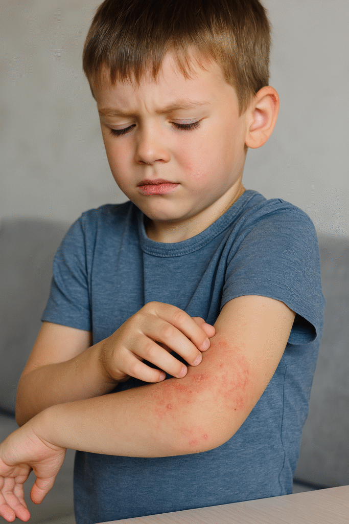 A dermatite atópica reduz a qualidade de vida da criança e deve ser tratada de forma precoce e eficaz.- menino com dematite atópicoa