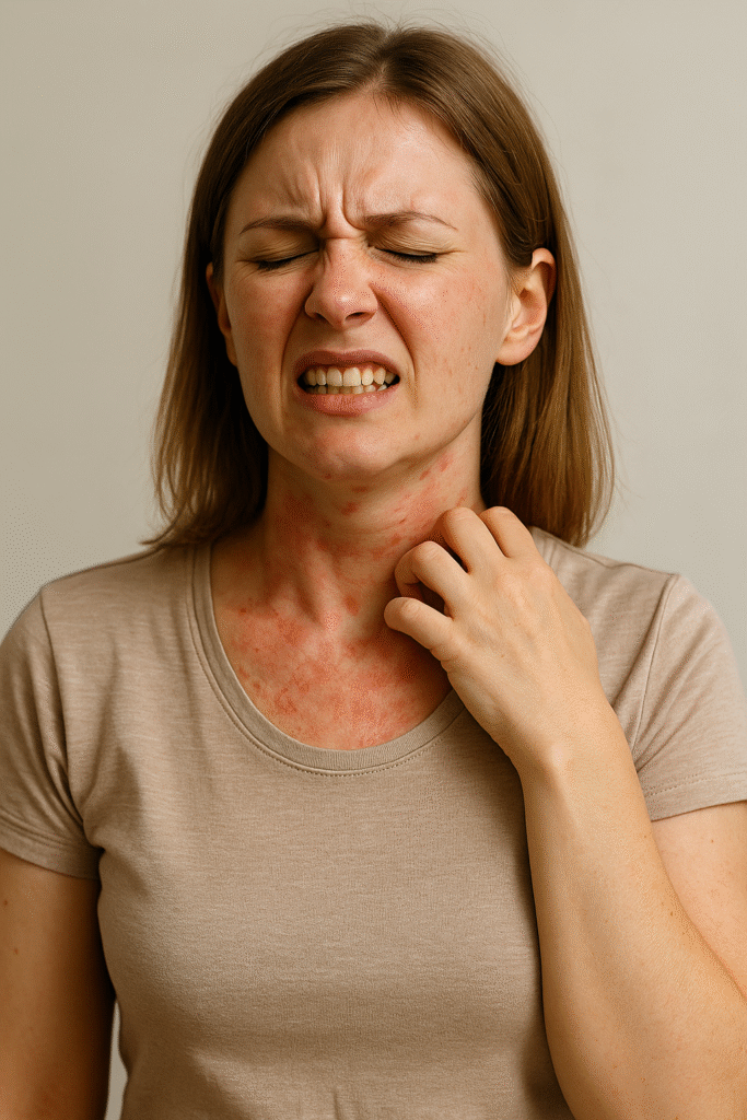 Urticária é quando aparecem de repente umas manchas vermelhas e altas na pele, que coçam bastante.