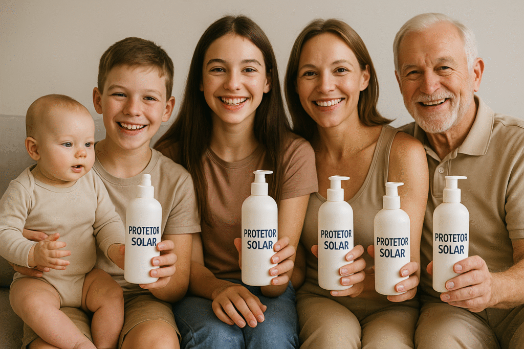 O uso do protetor solar é parte essencial em todas as fases da vida.- Família com protetor solar na mão.