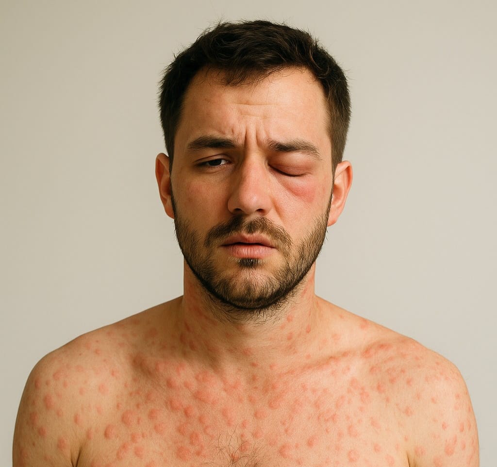 O angioedema é um inchaço mais forte e profundo, que costuma surgir em áreas como os lábios, olhos, mãos, pés ou garganta.- hoem com angioedema e urticária