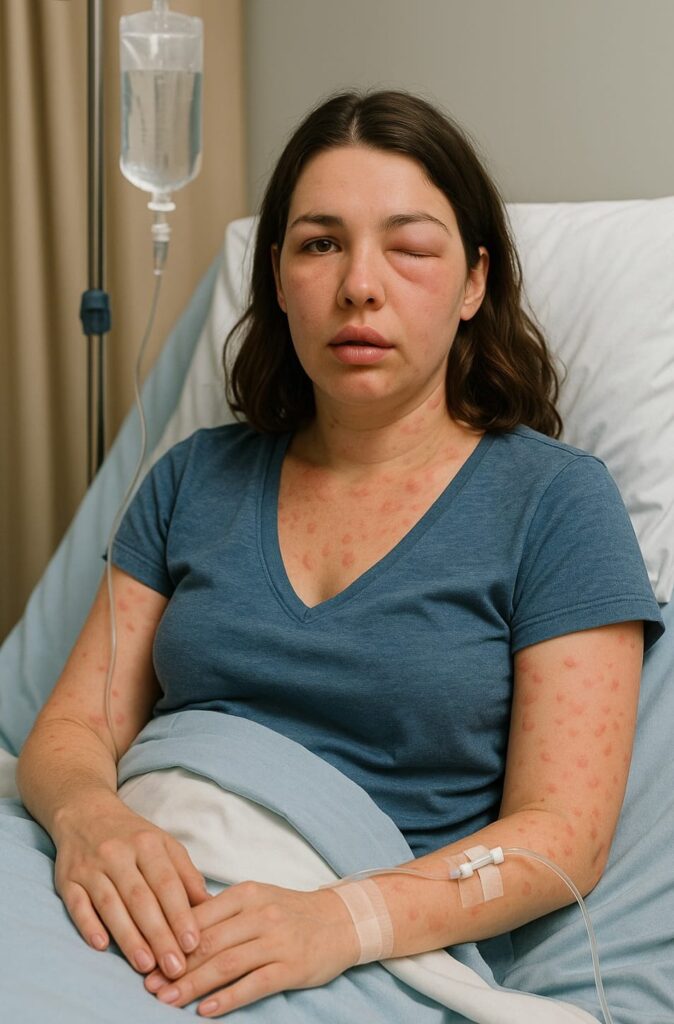 mulher tomando soro com crise de urticária aguda. A urticária aguda muitas vezes exige atendimento hospitalar de urgência.