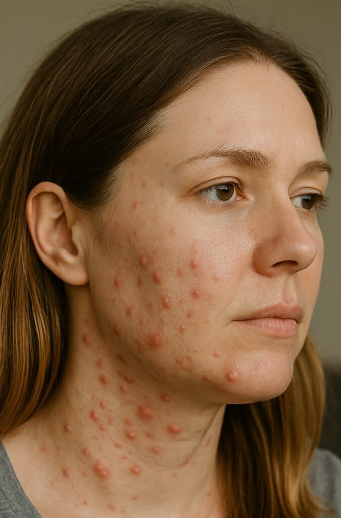 A acne da mulher adulta ocorre mais na mandíbula e pescoço e as lesões são muito dolorosas e deixam muitas manchas.- mulher adulta com acne