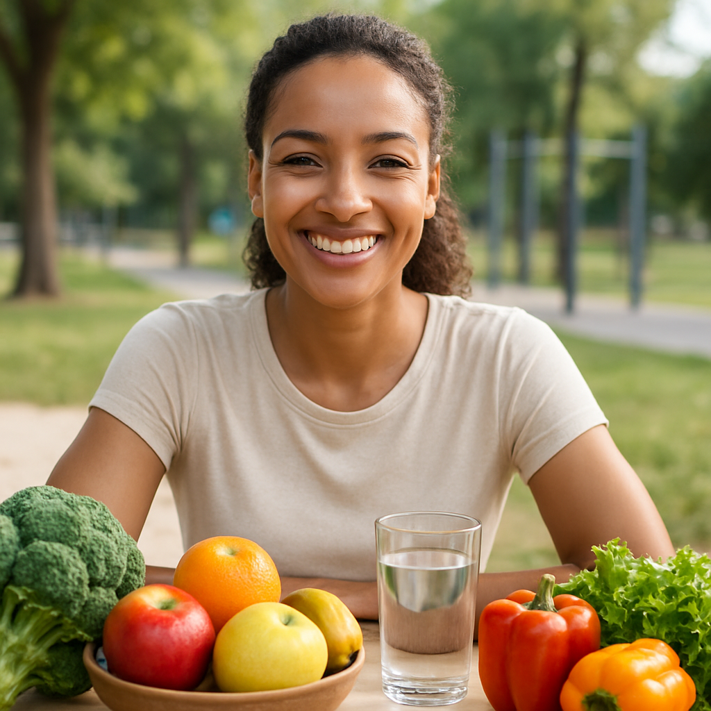 A alimentação saudável é a base para saúde da pele, do corpo e da mente!--mulher com alimentos saudáveis