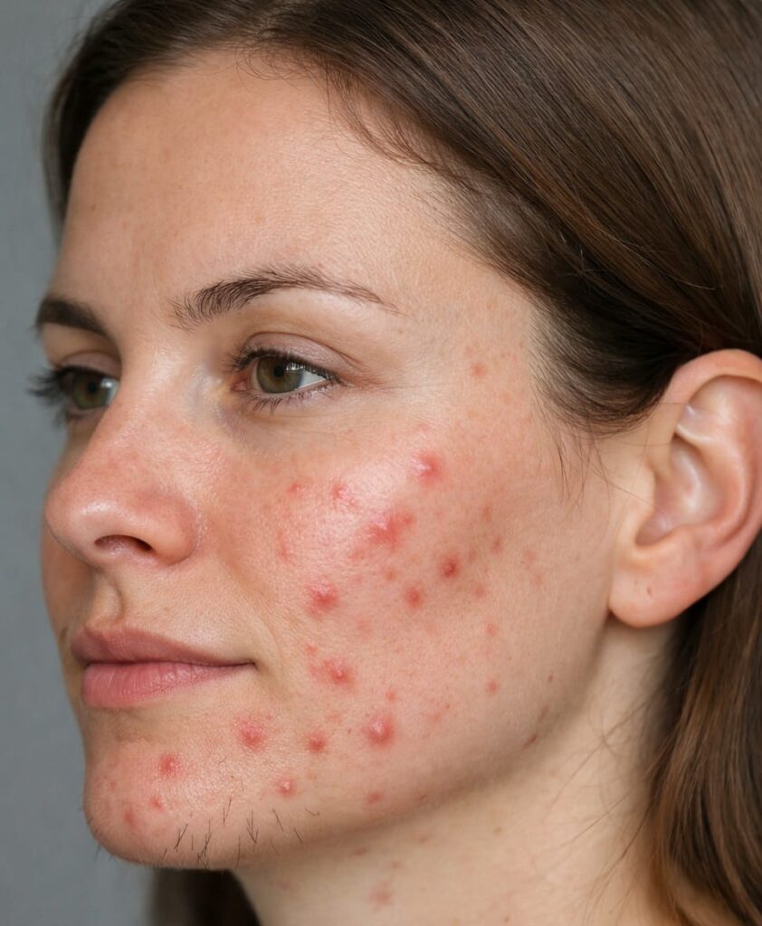 O aparecimento de poucos fios grossos no queixo, no buço ou no abdômen já indica que a ação dos andrógenos na pele aumentou.