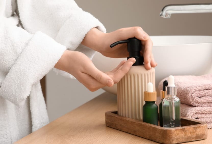 mulher fazendo sua rotina de skincare, lavando o rosto com sabonete
O sabonete faz limpeza suave, limpando sem causar ressecamento, pois ele não impede a produção de oleosidade pelas glândulas sebáceas.